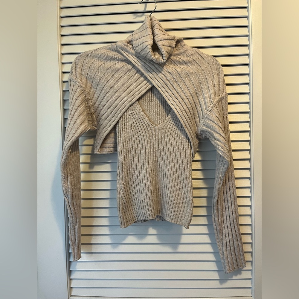 Astr Beige Ribbed Turtleneck Sweater with Cutout